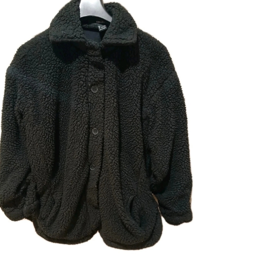 Women's Forever 21 Black Teddy Coat Size: Small Light Jacket / Black Sherpa